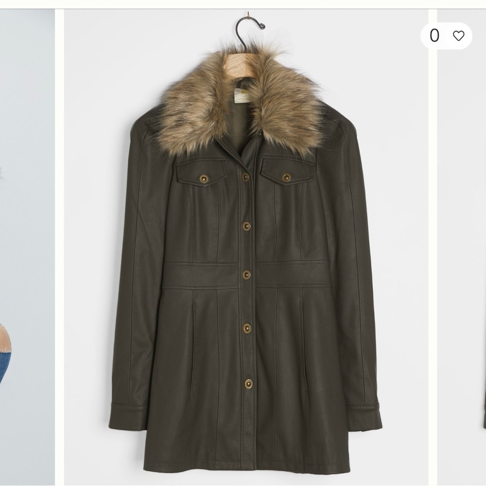 Anthropologie Olive Trench Coat with Faux Fur Collar
